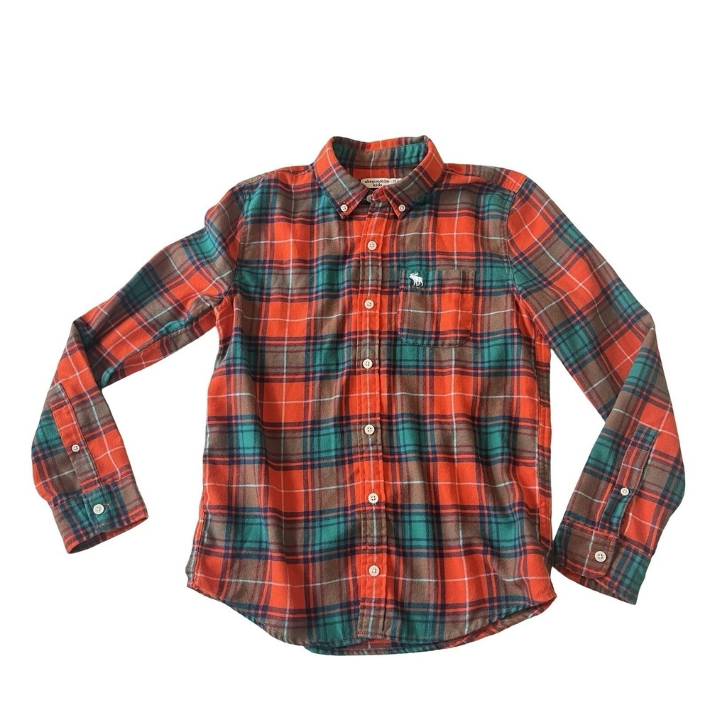 Abercrombie Kids‎ Boy's Size 13/14 Plaid Shirt Flannel Teal Orange Button Up